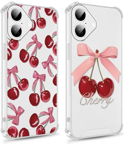 Foonary 2 Pack Transparent Cherry Bow Print Phone Case for iPhone 16 Plus 6.7,Soft Silicone with Cute Design Aesthetics Clear Pattern Cases,Shockproof Bumper Protector Cover Girls for iPhone 16 Plus