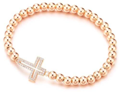 COOLSTEELANDBEYOND Or Rose Perles Bracelet pour Femme avec Zircone Cubique Côté Horizontal Croix