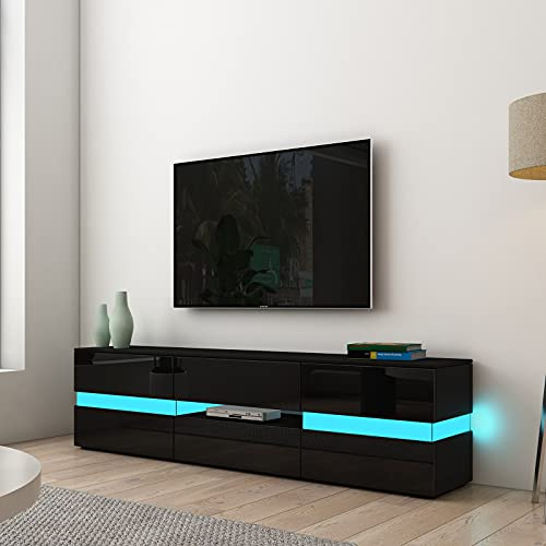Komtopod TV Tisch für Wohnzimmer, Fernsehschrank Schwarz Matt Körper Hochglanz Front TV-Ständer-Einheit mit 2 Türen 1 Schublade TV Schrank 177cm mit LED Beleuchtung