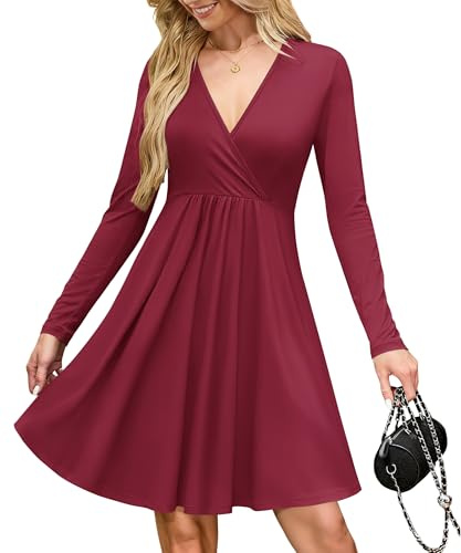 AUSELILY Wrap Dress for Women UK V Neck Flowy Long Sleeve Elegant Casual Dresses with Pockets Knee Length Wine Red S