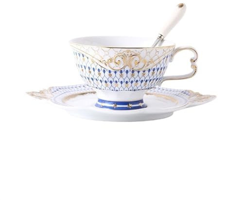 GEK208130 Moderno Tazza da caffè in ceramica di lusso leggera for la casa da 200 ml Set di piattini for tazza da tè con fiori in stile inglese con cucchiaio Bicchieri(Blue)