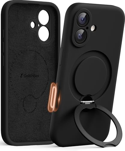 GolbinBox für iPhone 17 Hülle mit 360° drehbarem Magnetständer[kompatibel mit MagSafe][Vollständiger Kameraschutz]Ganzkörper-stoßfeste Flüssigsilikon-Hülle mit Ringständer für iPhone 17 6,3'', Schwarz