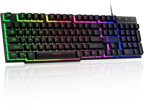 GEODMAER 104 Keys Gaming Keyboard, Full Size LED Backlit Wired Keyboard with Multimedia Keys, Anti-Ghosting, Spill-Resistant Membrane Gaming Keyboard for PC Laptop