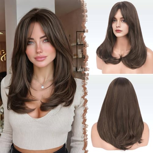 FESHFEN Layered Perücke mit Pony, Kunsthaar Perücken Damen, Braun | 45 cm Natürlicher Look Synthetik Hitzebeständigen Haarperücke, Gesichtsrahmender Stufenschnitt, für Tägliche Karneval Cosplay