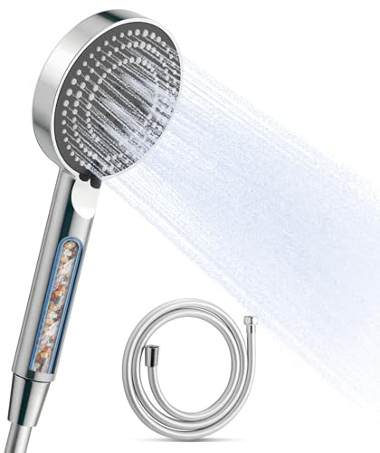 OFFO Duschkopf mit Brauseschlauch 1.6m und Filter, 100 mm Duschbrause mit 6 Strahlarten, Rundes Design mit Antikalk Funktion Handbrausen Wassersparend, Chrom