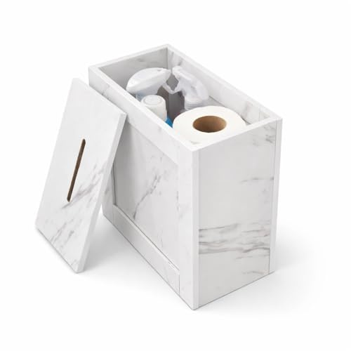 RANRHA Bathroom Storage Box with Lid – Marble Look Toilet Paper & Cleaning Supplies Organizer, Modern Decorative Trash Bin Alternative, 33×37×17 cm