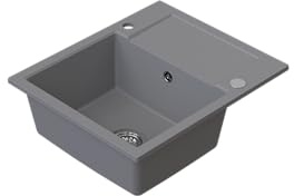 HOMEVELLO Spülbecken DIGNUM Einbecken Granitspüle 59x50x21cm Grau, Hochwertige Küchenspüle mit Siphon, Abtropffläche, Pflegeleicht, Kratzfest, Moderne Design, Perfekt für jede Küche