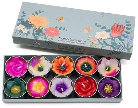 Hana Blossom Mixed 10 handmade scented flower tealight candles in assorted designs and colours gift set