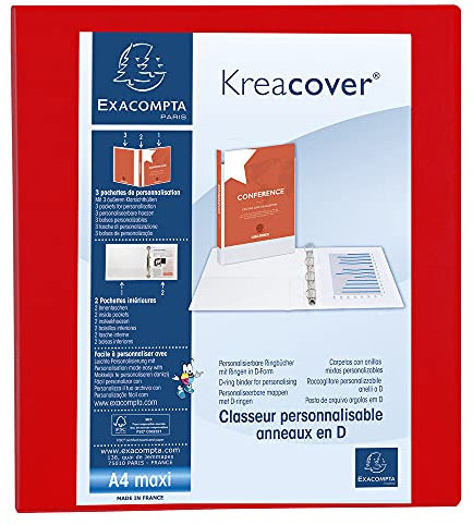 Exacompta 51843RE Präsentationsringbuch KreaCover aus blickdichtem Kunststoff für DIN A4, 4-D Ring Mechanik 40 mm, Rücken 64 mm, rot ideal für Schule und Büro Ringhefter Ringordner Ringbuchordner
