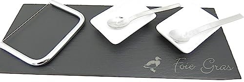 Lebrun Couverts - Service à Foie Gras 6 Pièces - Une Planche Ardoise, 1 Lyre à Foie Gras, 2 Assiettes Porcelaines et Ses Deux cuillères de dégustation - Arts de la Table - Service pour Les fêtes