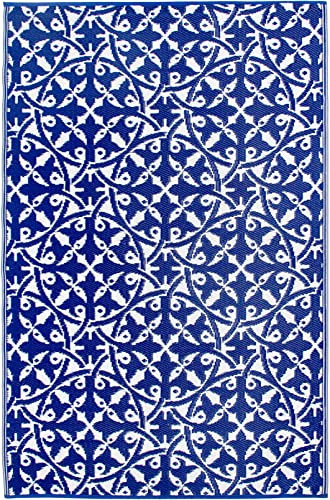 FAB HAB Outdoor-Teppich - wetterfest, farbecht, wendbar - recycelter Premium-Kunststoff - spanische Kacheln Landhaus - Terrasse, Balkon, Garten, Flur, Bad - Läufer San Juan Dunkelblau, 90x150 cm