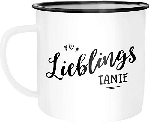Moonworks Emaille Tasse Becher Lieblingstante Geschenk Familie Tante Kaffeetasse weiß-schwarz unisize