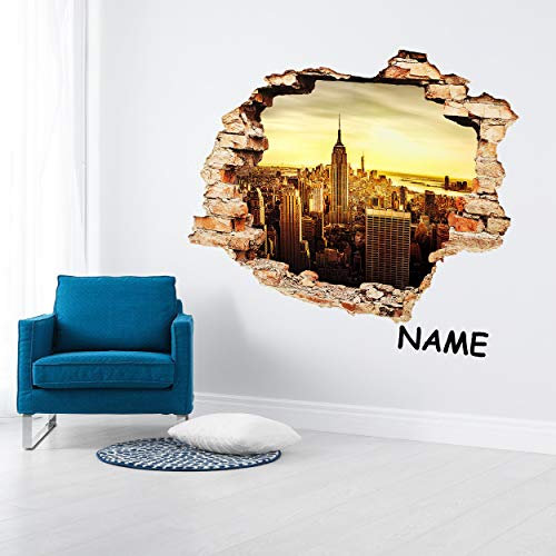 große XXL - Wandsticker - USA - New York - Manhattan - Empire State Building - Skyline - Loch in der Wand - inkl. Name - 87 cm - Wandtattoo/Wandaufkleber - ..
