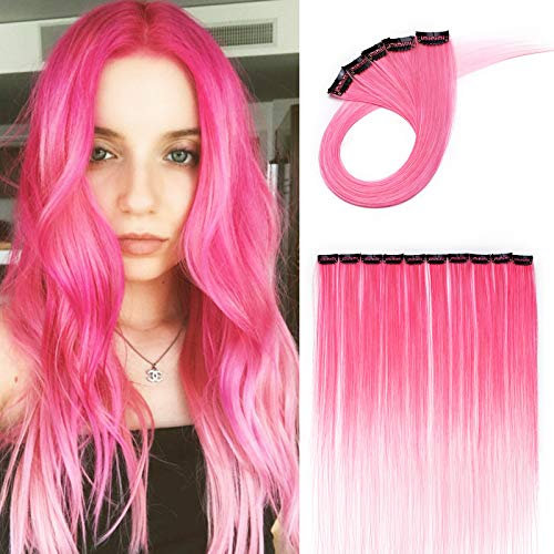 20(50 cm) Extensoines de Colores de Cabello Clip Pelo Sintético Se Ve Natural 10 PCS Mechas Fantasía para Niñas Muñecas Lisos Postizos de pelo #Fucsia & Rosa claro
