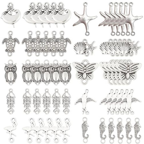SUNNYCLUE 1 Box 60pcs 10 Stile Tier Verbinder Charms Antike Silber Doppelloch Verbinder Zubehör Für DIY Schmuck Armband Halskette Ohrring Machen