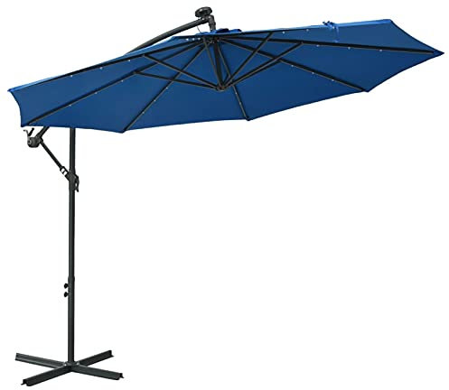 Festnight Parasol excéntrico de jardín con 24 Leds de luz Solar, Sombrilla, Manivela para Abrir/Cerrar, para Terraza Jardín Playa Piscina Patio, Azul Celeste