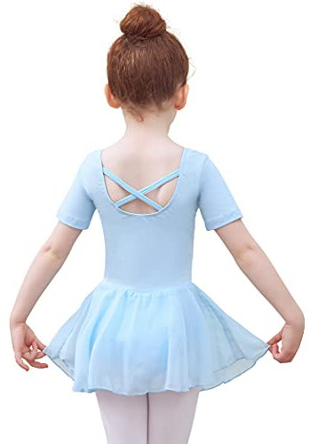 Tancefair Girls Ballet Dress Short Sleeve Ballerina Outfit Cotton Ballet Leotard with Chiffon Skirt Short/Long Sleeve Gymnastics Dance Leotard Blue