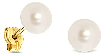 Miore Schmuck für Damen, Ohrstecker mit Süßwasserperle, rund, weiß, 6 mm, Ohrringe aus 14 Karat Gelbgold / 585 Gold, Goldfarben