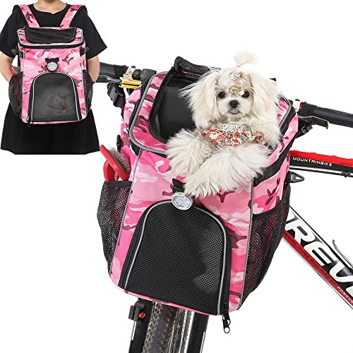 Hundekorb Fahrrad Vorne, Hunderucksack Katzen Rucksack Bis 5Kg Für Reisen, Wandern, Camping, Hundefahrradkorb Für Kleine, Mittelgroße Welpen Und Katzen,Pink Camouflage