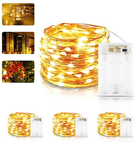 LED Lichterkette Batterie 4 Pack - 6M 60LEDs Lichterkette mit Batterie & Timer, LED Draht Micro Lichterkette, Micro LED Kupferdraht Lichterketten für Zimmer, Weihnachten, Innen, Dekor (Warmweiß)