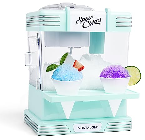 Nostalgia Snow Cone Machine à glace rasée – Machine à slushie de table rétro pour 20 friandises glacées – Comprend 2 gobelets en plastique réutilisables et une pelle à glace – Aqua