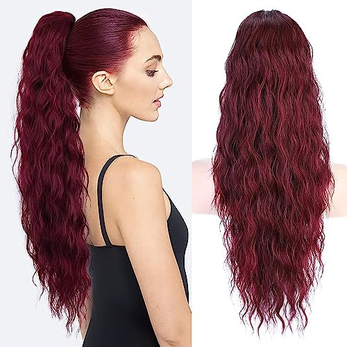 PORSMEER Pferdeschwanz Haarteil Lang 76 cm mit Kordelzug Wellig Locken Ponytail Extension DunkelrotNatürliches Clip in Haarteil Ponytail Kunsthaar Haarzopf für Damen Afro Zopf Haarverlängerunge