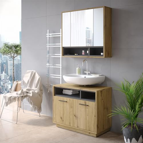 Vicco Badspiegelschrank Beatrice, Badezimmerspiegel, Eiche/Anthrazit, 80 x 72 cm