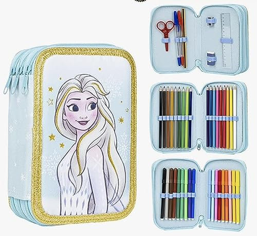 Federmappe Frozen - Mäppchen mit Zubehör - Farbe Blau - 12,5x6,5x18,5 - Aus Polyester - Federmäppchen mit Drei Fächern und Reißverschluss - Elsa Aufdruck - Original Produkt in Spanien Designed