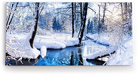 Wandbild 120x60cm Bach im Wald Winter Schnee Winterlandschaft Weiß