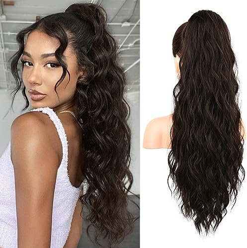 REECHO Ponytail Extension, 66 cm Long Beach Gewellt Zugband Pferdeschwanz Haarverlängerung Synthetischer Pferdeschwanz Haarteil für Frauen – Schwarzbraun