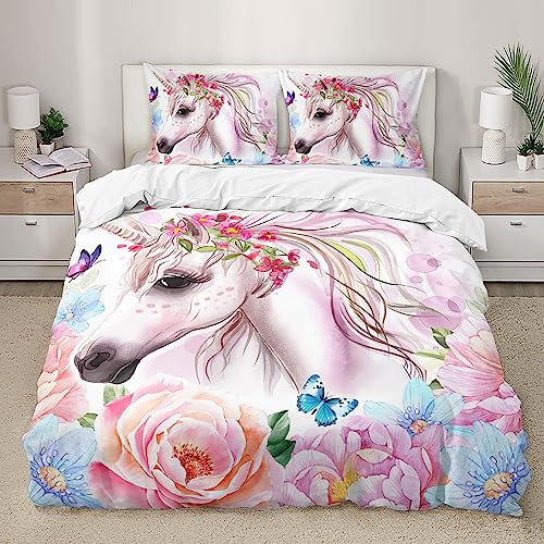 HOTRCR 3D Gedruckt Einhorn Bettwäsche, Bunte Bettwäsche Set Geeignet für Kinder/Mädchen/Erwachsene bettwäsche 135 * 200cm,80 * 80cm*1 EFBTTAK005