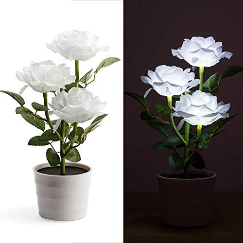 zingking Solaire Pot LED Lumière Rose Fleur Lampe Table avec 3 LED Floral Jardin Extérieur Pelouse Plantes Maison Chambre Décorative Table Table de Bureau Bonsaï Lumières - Blanc