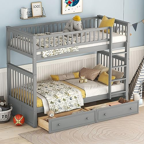 Kehun Kinderbett Etagenbett 90x200 für 2 Kinder, Hochbett Holzbett mit Stauraum Schubladen und rausfallschutz, Cabrio Funktionelle Bett mit lattenrost und Leiter, Jugendbett, Grau, ohne Matratze