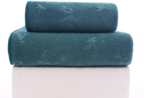 FEBE Handtücher Badetuch 70x140 + 50x100 cm Dunkelgrün Handtücher Set Badehandtuch Frottee mit Bambus Muster Mikrofaser Towel