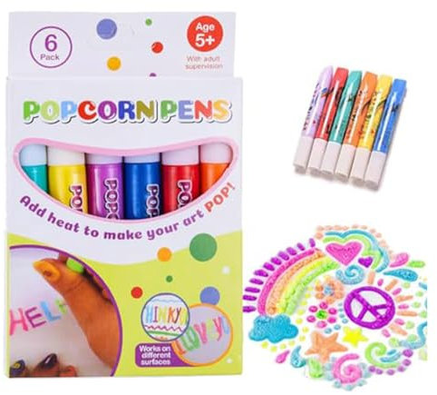hgerGWW 6 Stück Magic Popcorn Pens, DIY Bubble Drawing , Magisch Stift für Kinder und Erwachsene, Puffy 3D Art Safe for Decorating Cards (Set A)