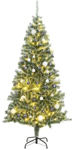 vidaXL Weihnachtsbaum, Beschneit Christbaum mit 300 LEDs Kugeln Ständer, Beleuchtet Tannenbaum Kunstbaum mit 8 Beleuchtungsmodi, Weihnachtsdeko Dekobaum, 240cm