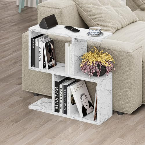 HOCUS PICUS Hocuspicus Beistelltisch mit 2 Etagen – viele Farboptionen – 60 x 60 x 20 cm – Regale, Organizer, Büro, Wohnzimmer, Schreibtisch, Ständer (weißer Marmor-Effekt)