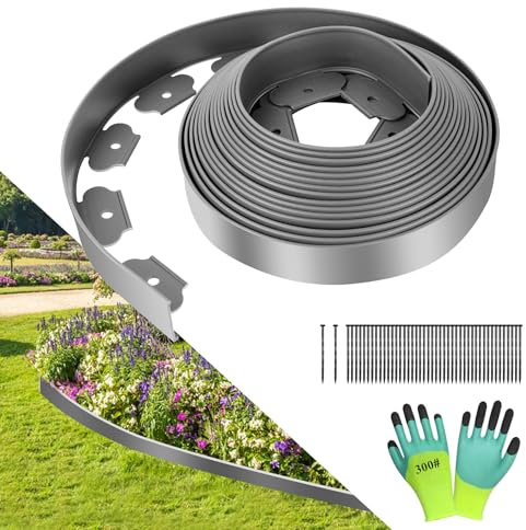YAOBLUESEA Bordure de pelouse de Jardin en Plastique PE Flexible Gris 10m de Long 5cm de Haut, avec 60 ancrages de Terre &1 Paire de Gants pour Jardin, pelouse, Parterre, béton, Pierre et Gravier