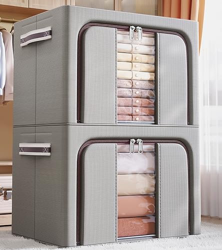 closet organizers and storage，Foldable Oxford cloth steel frame box，transparent window and handle, waterproof, can accommodate large capacity clothes, bedding, blankets, 66L 2-piece set（Purple）