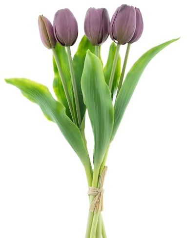 mucplants künstliche Tulpen Holland ca. 36cm Tulpenbündel mit 3 Tulpen und 2 Tulpenknospen real Touch (Aubergine)