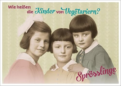 Gutsch Verlag Lustige Vintage Postkarte mit Witz, Kinderporträt und Wortspiel 'Wie heißen die Kinder von Vegetariern? Sprösslinge', Humorvolle Postkarte für Freunde & Familie, Retro Design.