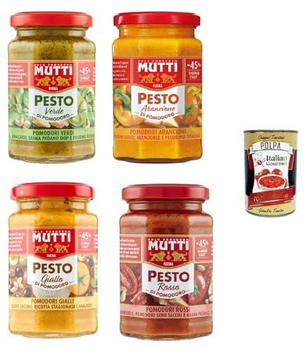 Italian Gourmet Salsa Pesto Tomate Verde Giallo Arancione Rosso 4 x 180g | Servierfertig für Nudeln und Bruschetta, colori italiani, cremig aus dem, Gesamtnettogewicht 720 g + Kostenlos Polpa 400g