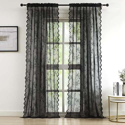 Bujasso Tende in pizzo nero vintage floreale per Halloween, tende trasparenti da 228,6 cm, con tasca per asta, filtraggio della luce, stile vittoriano, gotico, trattamento per finestre, per soggiorno
