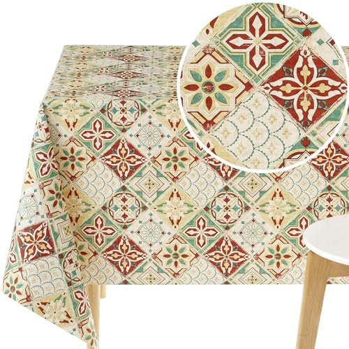 KP Home Wachstuchtischdecke Kacheloptik Fliesen Muster Wasserdicht Wachstuch Rechteckig 250x140 Portugiesisch Azulejos Beige Rot Wachstischdecke Vinyl PVC Tischdecke Abwischbare Kunststoff Pflegeleich