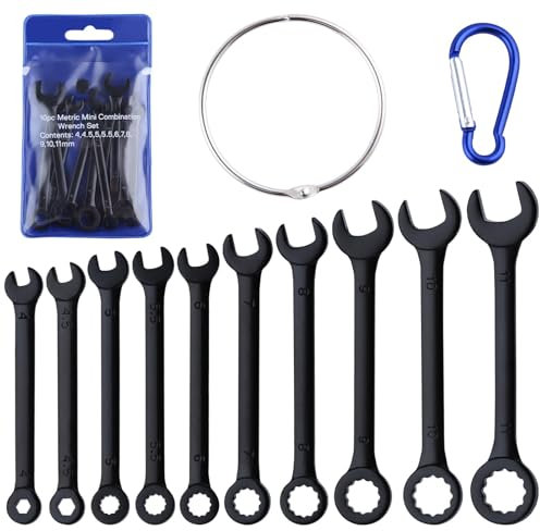 GOLD DEER 10PCS Mini Wrench Set Standard Metric 4mm-11mm Ignition Wrenches Open End and Box End Combination Wrench Set with Portable Pouch and Key Rings, Black Electrophoretic Coating