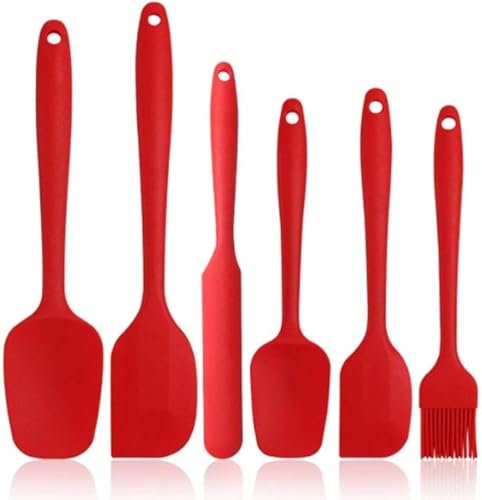 6 StüCk Teigschaber Silikon Spatel Set KüChenutensilien fum Backen,Silicone Spatula Silikon KüChenhelfer Und Mischen HitzebestäNdiger SilikonlöFfel In KüChenhelfer Set Silikon Küchenspachtel (Rot)