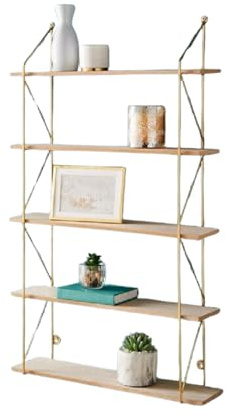 Kiswa collection 5-Tier Floating Wall Shelves – Modern Gold, black, White Decorative Hanging Shelving Wood and Metal Wire Frame Wall-Mounted Bookshelves Room (Gold, 5- Tier)