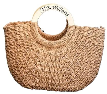 Zhongzhi Sac de plage personnalisé, sac de plage personnalisé en paille avec poignée en bois. Paille personnalisée Beach Bride, kaki