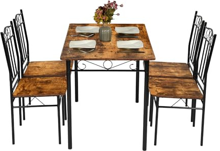 HOMYLIN Esstisch und Stühle, 5-teilig, rustikales Industrie-Design, Metallgestell mit Holz-Finish, ideal für Esszimmer oder Küchenecke, Braun
