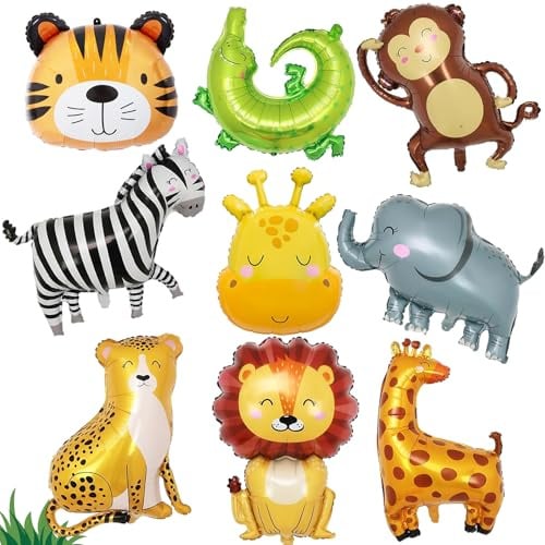 9 Stücke Dschungel Safari Luftballons, Folienballon Tiere,3D Riesiger Löwe | Dschungel tier luftballons,Leopard,Giraffe,Zebra,Elefant,Affe,Tiger Folienballon,für Junge Mädchen Geburtstagsdeko